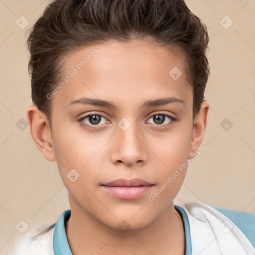 Joyful white child female with short  brown hair and brown eyes