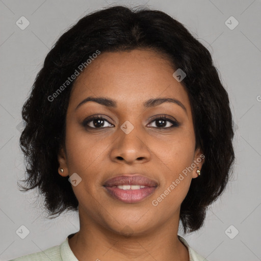 Joyful black young-adult female with medium  black hair and brown eyes