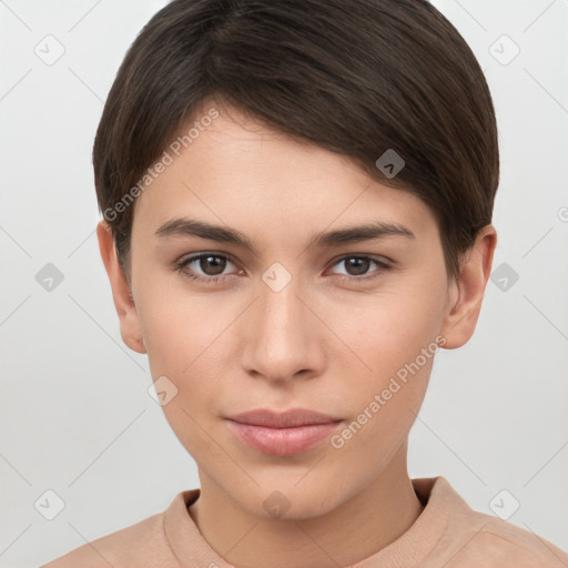 Neutral white young-adult female with short  brown hair and brown eyes