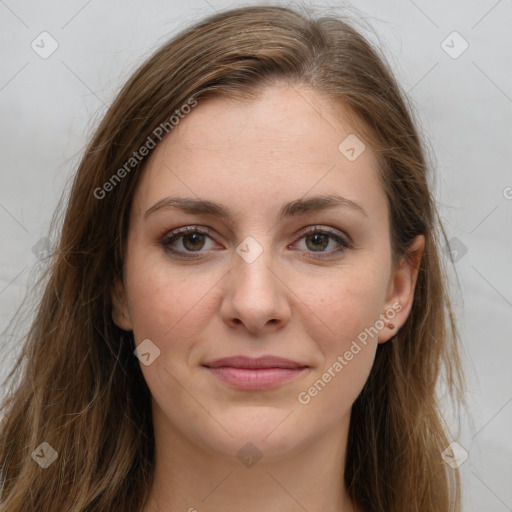 Joyful white young-adult female with long  brown hair and green eyes