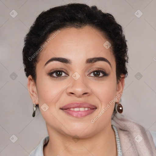 Joyful latino young-adult female with short  brown hair and brown eyes