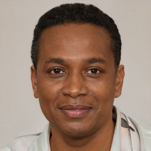 Joyful black adult male with short  black hair and brown eyes
