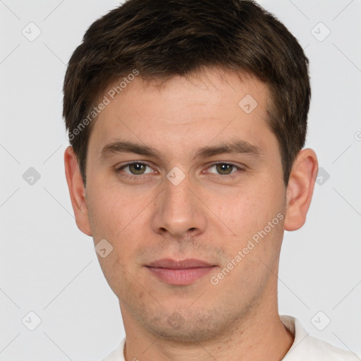 Neutral white young-adult male with short  brown hair and brown eyes