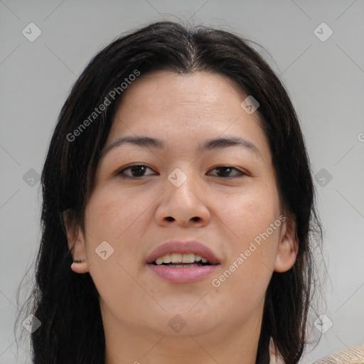 Joyful asian young-adult female with medium  brown hair and brown eyes