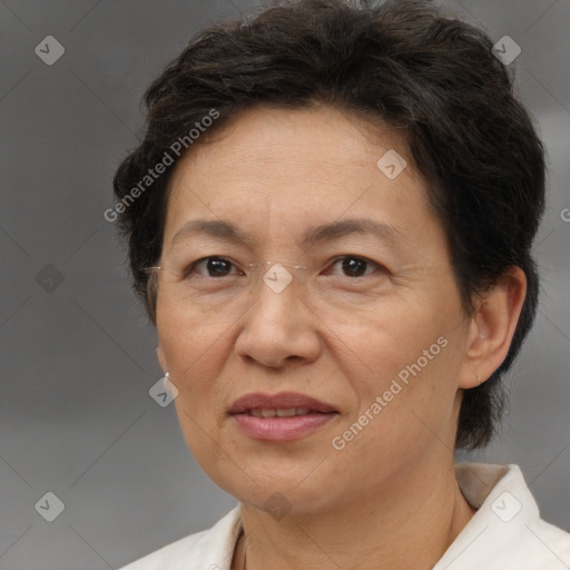 Joyful white adult female with short  brown hair and brown eyes