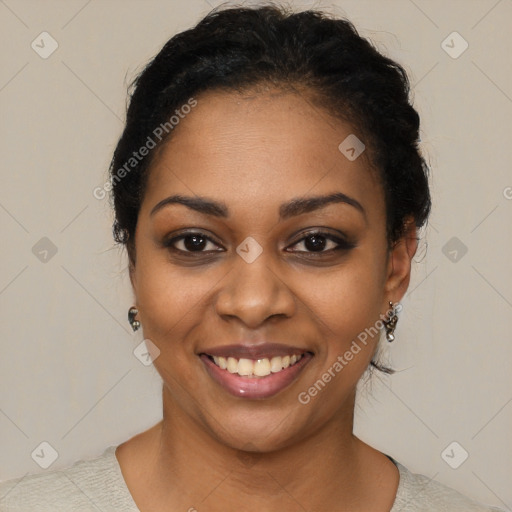 Joyful latino young-adult female with short  black hair and brown eyes