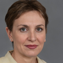 Joyful white adult female with short  brown hair and grey eyes