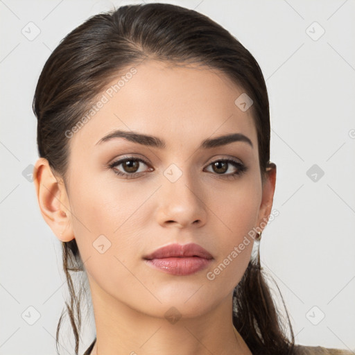 Neutral white young-adult female with medium  brown hair and brown eyes