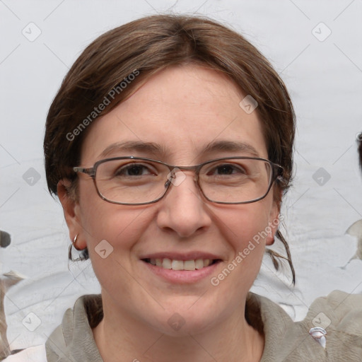 Joyful white adult female with medium  brown hair and blue eyes