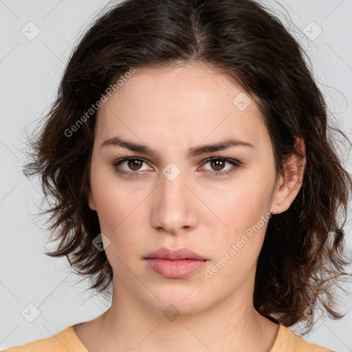 Neutral white young-adult female with medium  brown hair and brown eyes