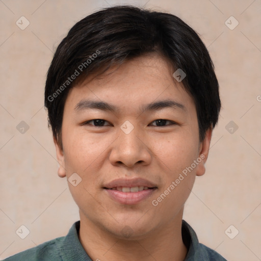 Joyful asian young-adult male with short  black hair and brown eyes