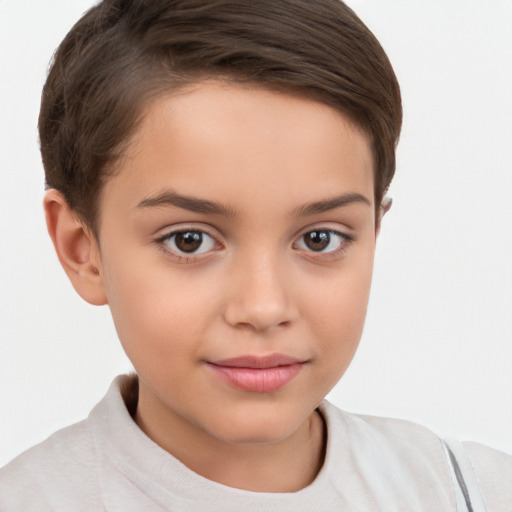 Joyful white child female with short  brown hair and brown eyes