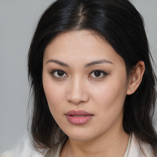 Neutral asian young-adult female with long  brown hair and brown eyes