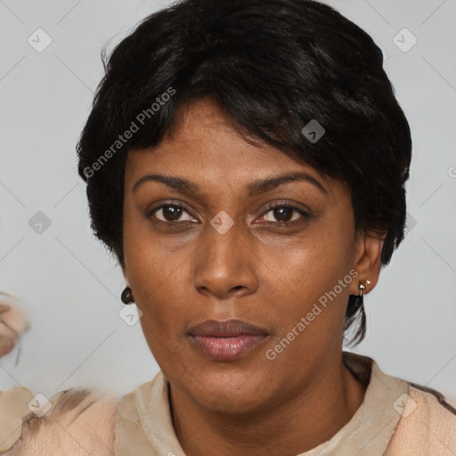 Neutral asian adult female with short  black hair and brown eyes