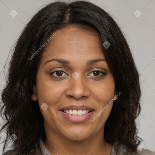 Joyful black young-adult female with medium  brown hair and brown eyes