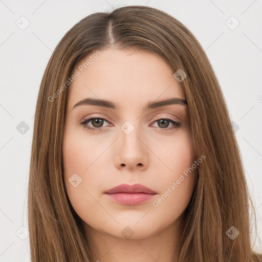 Neutral white young-adult female with long  brown hair and brown eyes