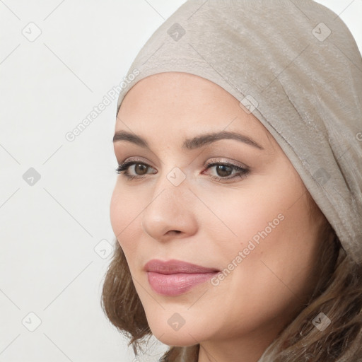 Neutral white young-adult female with long  brown hair and brown eyes