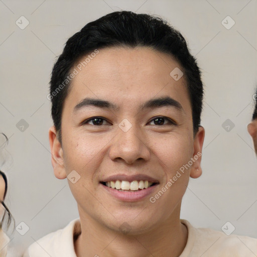 Joyful latino young-adult male with short  brown hair and brown eyes