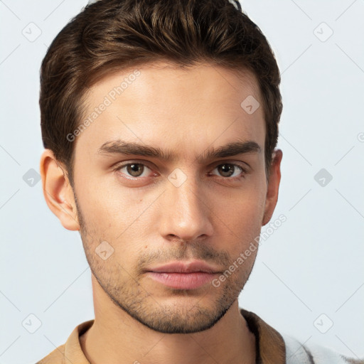 Neutral white young-adult male with short  brown hair and brown eyes