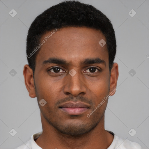 Neutral latino young-adult male with short  black hair and brown eyes