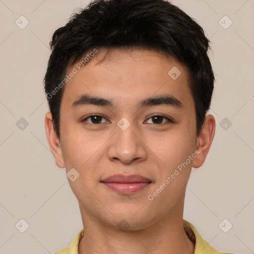 Joyful white young-adult male with short  black hair and brown eyes