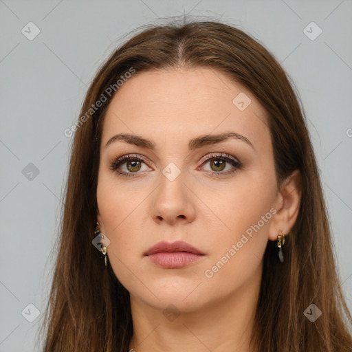 Neutral white young-adult female with long  brown hair and brown eyes