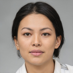 Neutral asian young-adult female with medium  brown hair and brown eyes