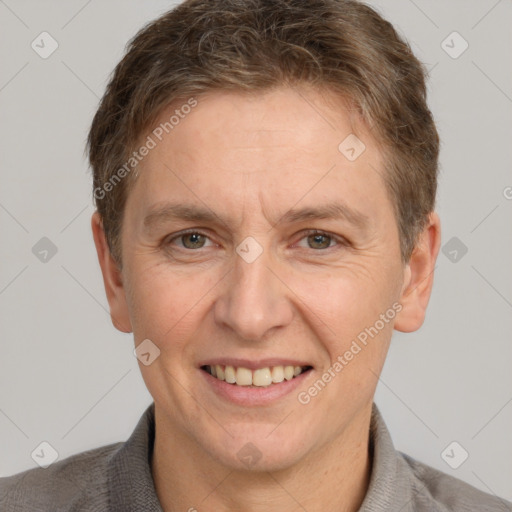 Joyful white adult female with short  brown hair and brown eyes