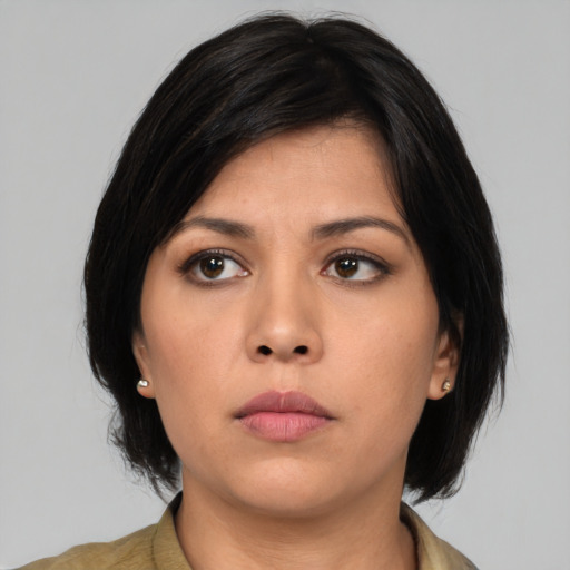 Neutral asian young-adult female with medium  black hair and brown eyes