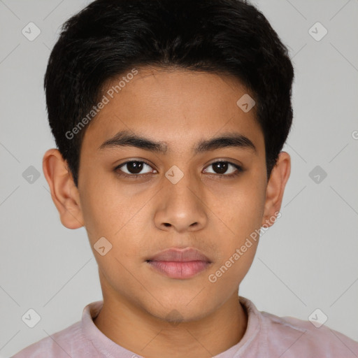 Neutral latino young-adult male with short  brown hair and brown eyes