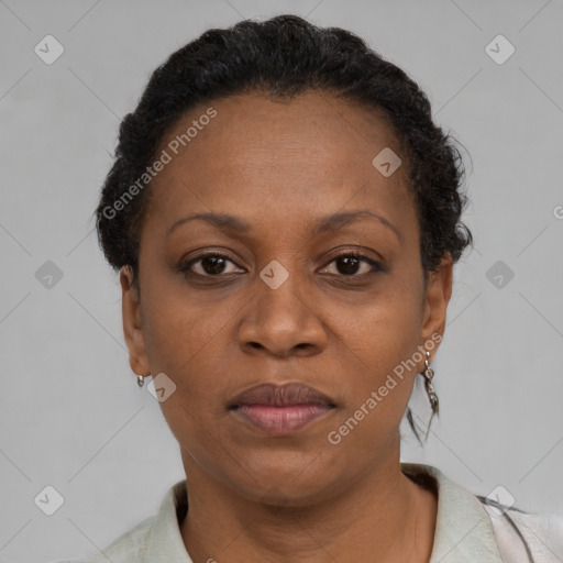 Neutral black adult female with short  brown hair and brown eyes