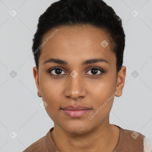 Neutral latino young-adult female with short  black hair and brown eyes