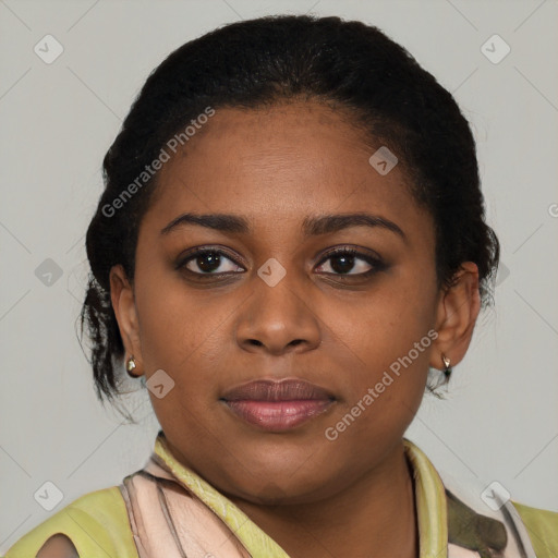 Joyful latino young-adult female with short  brown hair and brown eyes