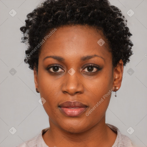 Neutral black young-adult female with short  black hair and brown eyes