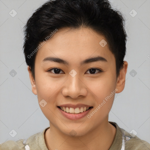 Joyful latino young-adult female with short  brown hair and brown eyes