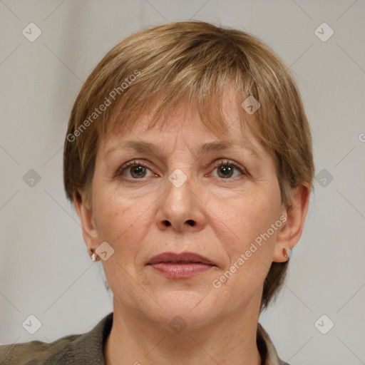 Joyful white adult female with medium  brown hair and grey eyes