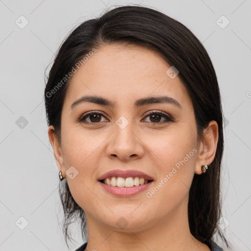 Joyful white young-adult female with medium  brown hair and brown eyes