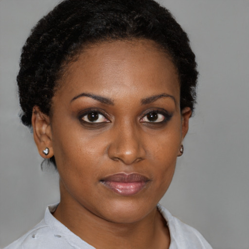Joyful black young-adult female with short  brown hair and brown eyes