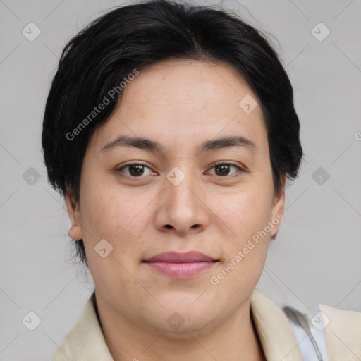 Joyful asian young-adult female with medium  brown hair and brown eyes