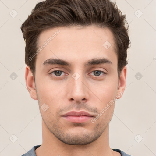 Neutral white young-adult male with short  brown hair and brown eyes