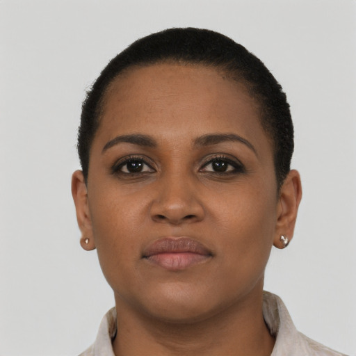 Neutral black young-adult female with short  brown hair and brown eyes