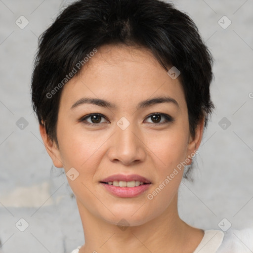 Joyful asian young-adult female with short  brown hair and brown eyes