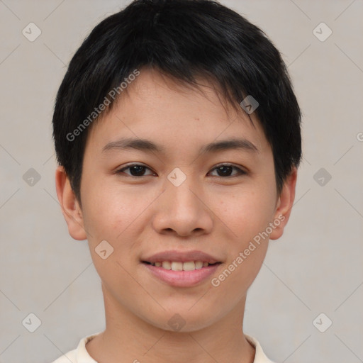 Joyful asian young-adult female with short  brown hair and brown eyes