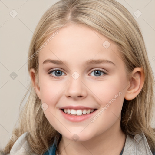 Joyful white child female with medium  brown hair and blue eyes