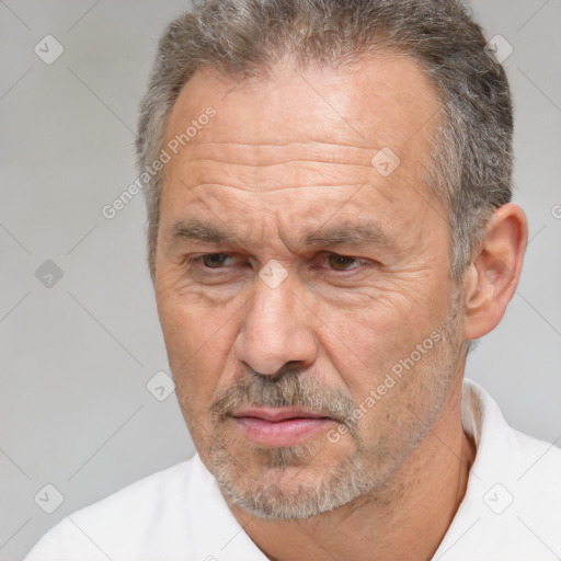 Neutral white middle-aged male with short  brown hair and brown eyes