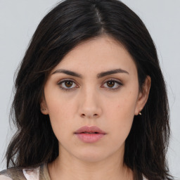 Neutral asian young-adult female with long  brown hair and brown eyes