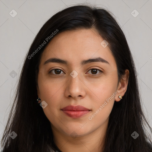 Joyful latino young-adult female with long  brown hair and brown eyes