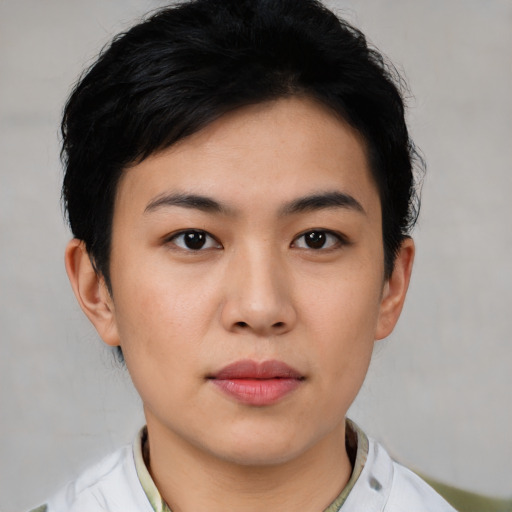 Neutral asian young-adult female with short  black hair and brown eyes