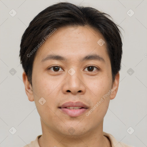 Neutral asian young-adult male with short  brown hair and brown eyes