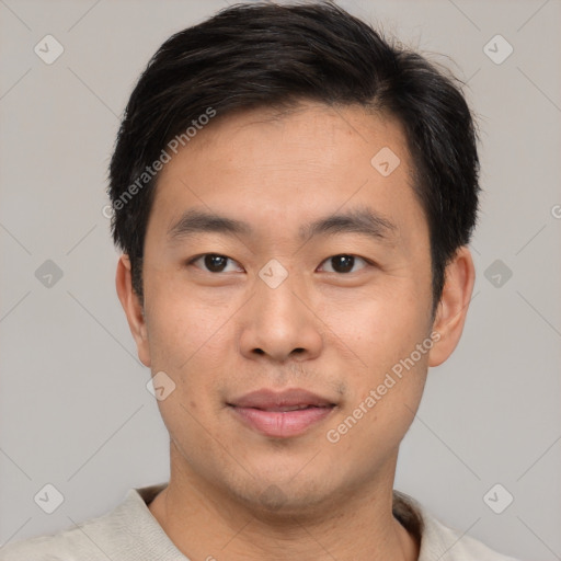 Neutral asian young-adult male with short  black hair and brown eyes